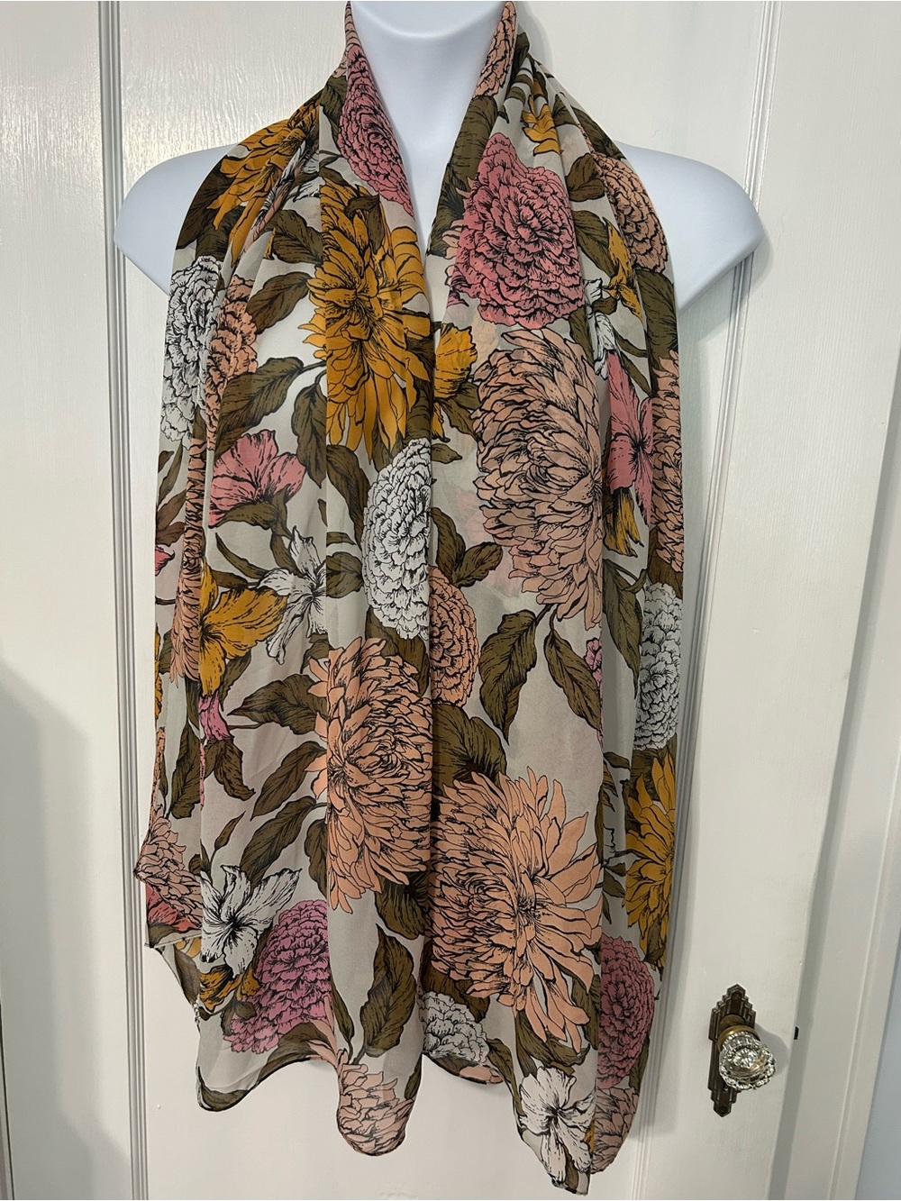 Floral ivory floral lightweight scarf with  large pinks, mustard yellow flower